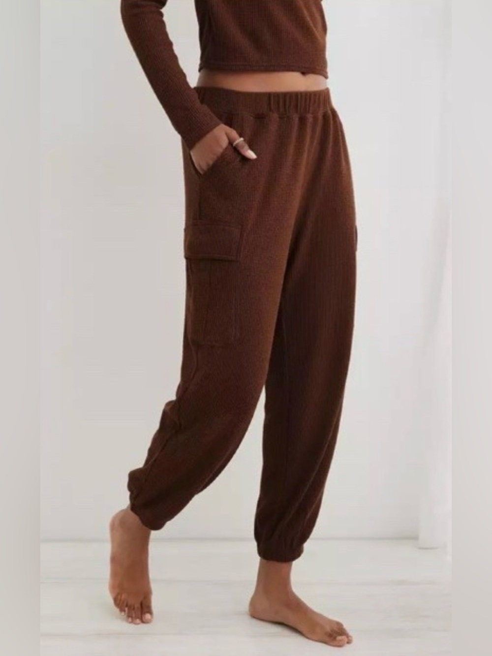 Aerie Traveler Lounge Waffle Cargo Joggers In Terracotta Rusty Brown Size S
